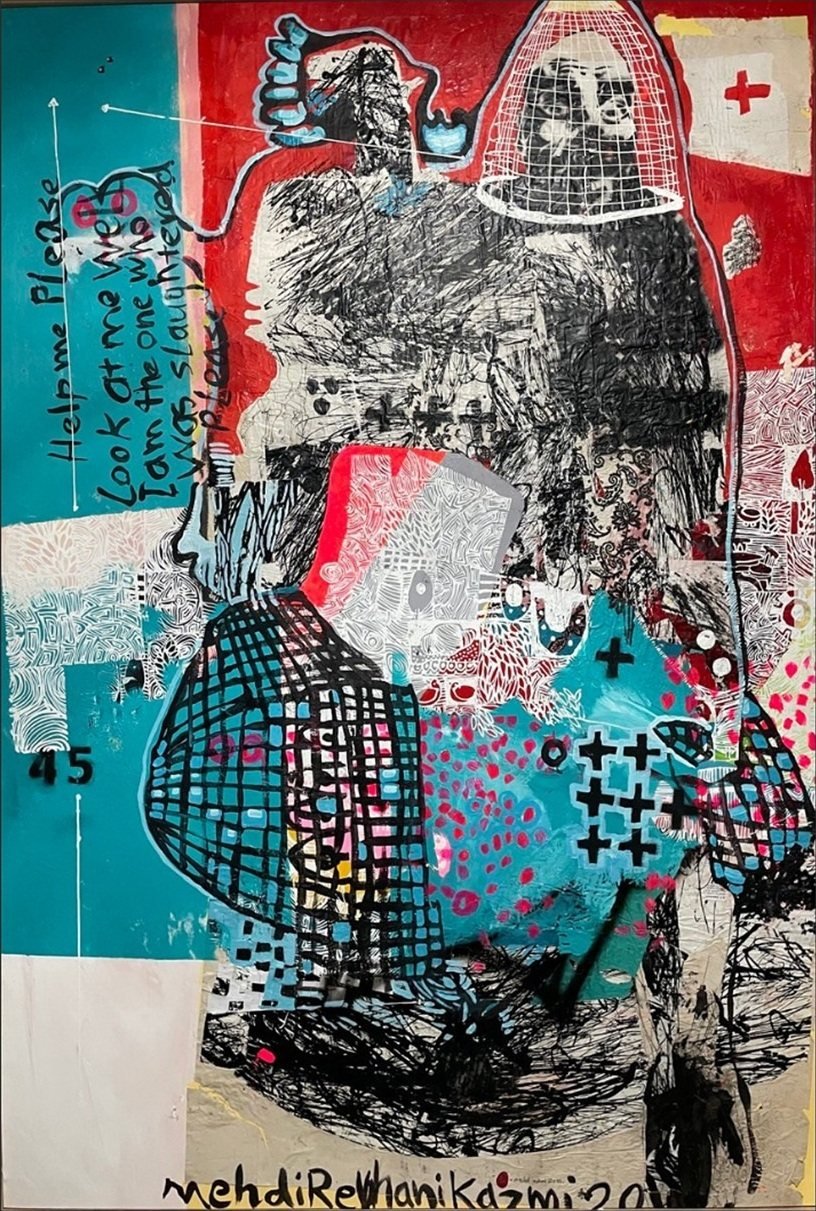 Özgürlük Korkusu, 2022. Akrilik ve kolaj, 196×135 cm.